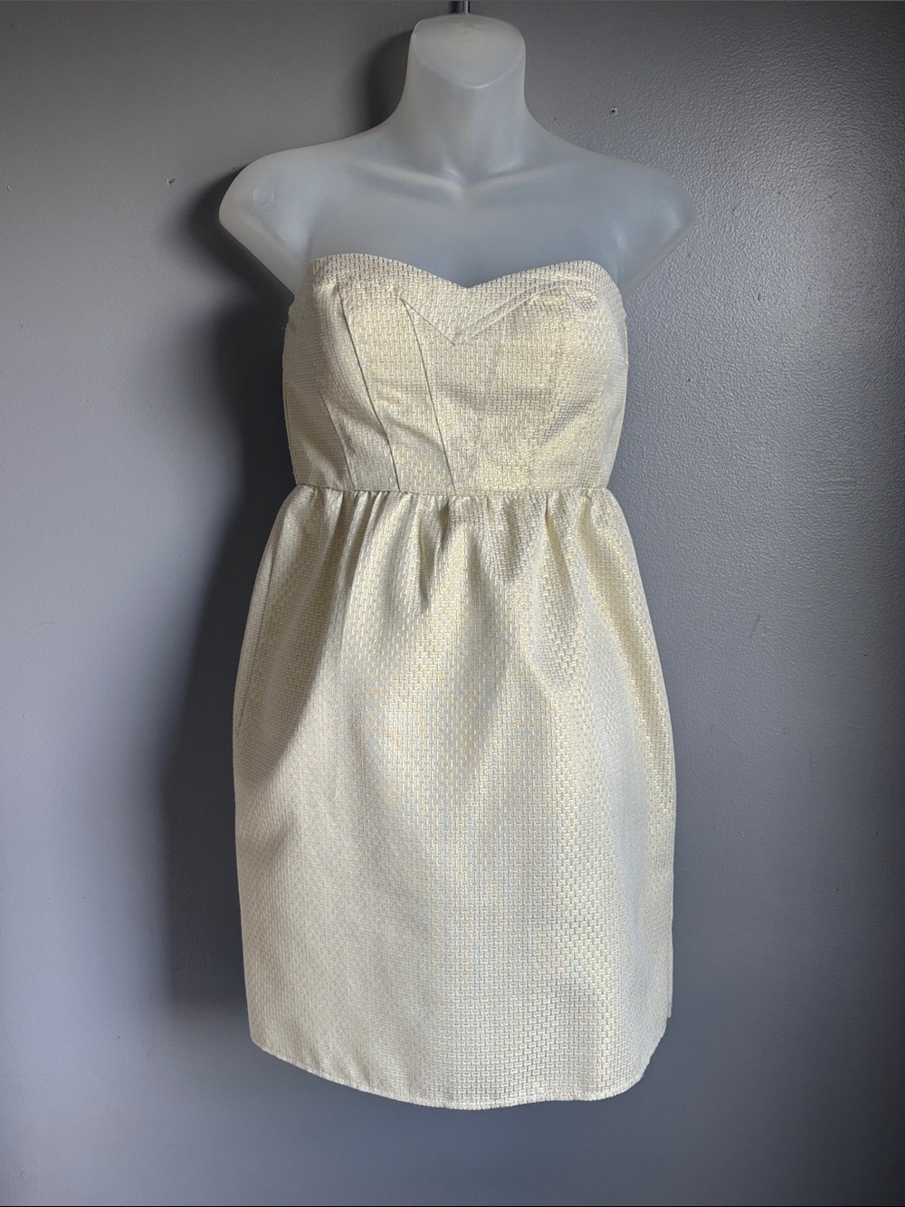 Minuet strapless gold cream sweetheart bodice mini dress